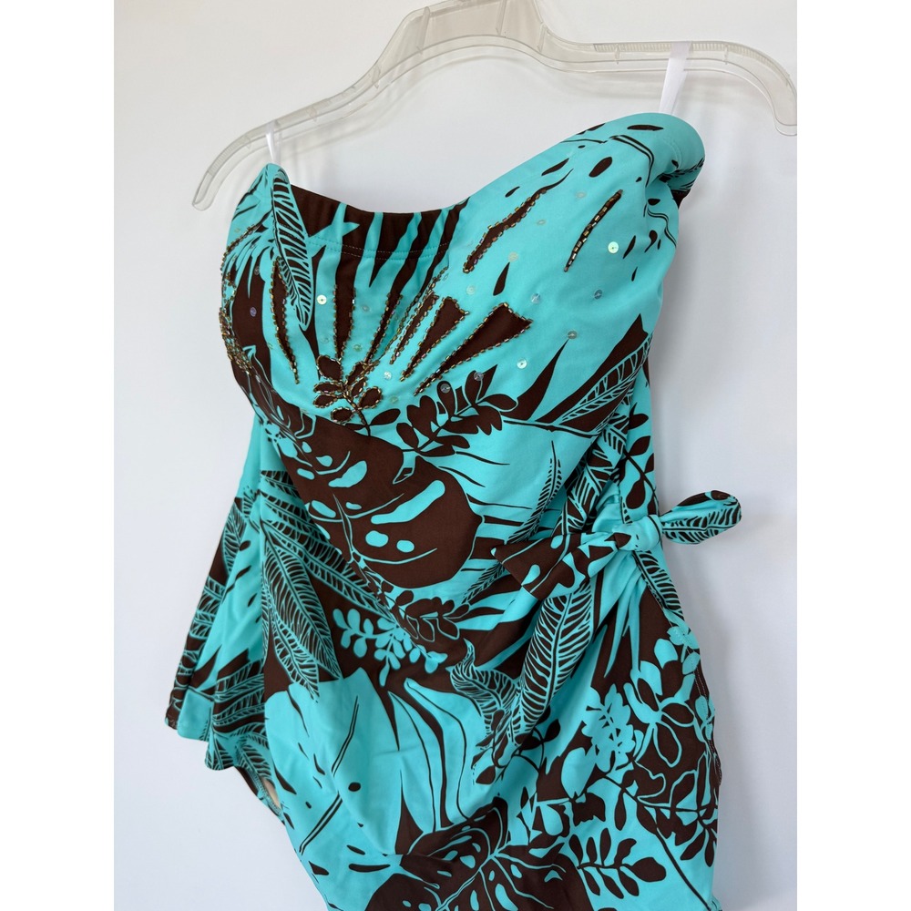 Beach Bay Woman's Turquoise Brown Tropical Beaded Sarong Swimsuit 18W New Beach